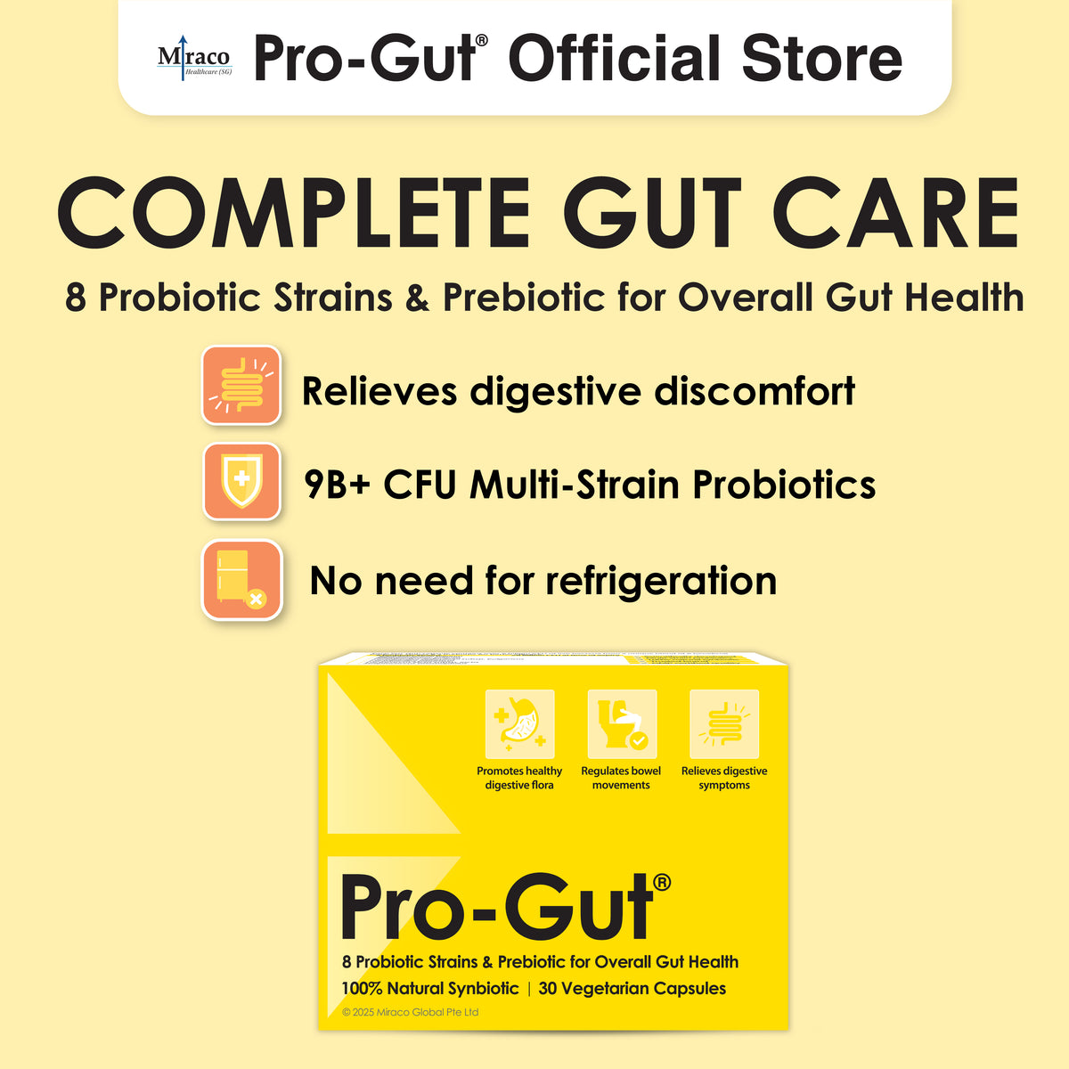 Pro-Gut® 8-Strain Daily Probiotics & Prebiotic – 30 Capsules – Miraco ...